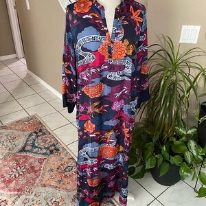 Natori Long Caftan Kaftan Kimono Dress Satin Silky Floral Asian Print Large Maxi